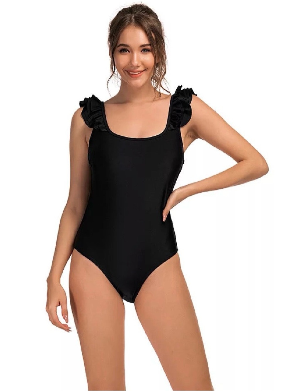 Black Ruffle Strap One-Piece Swimsuit - Women Swim